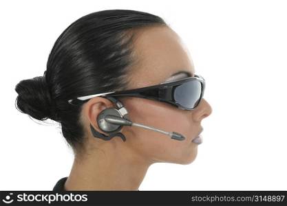 Beautiful 23 year old Bulgarian woman with sunglasses and communication earpiece.
