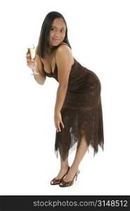 Beautiful 27 year old African American woman with glass of champagne.