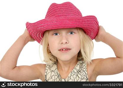 Beautiful 5 year old girl in pink cowboy hat. Big blue eyes.
