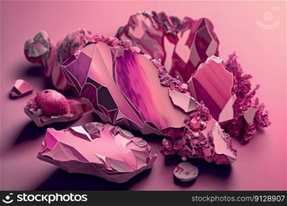 Beautiful abstract background with pink, magenta crystals. Mysterious gemstones, minerals. Magic crystal cluster. Close-up view. Generative AI. Beautiful abstract background with pink, magenta crystals. Mysterious gemstones, minerals. Magic crystal cluster. Close-up view. Generative AI.