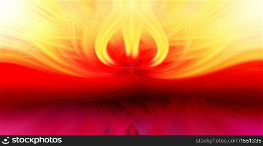 Beautiful abstract intertwined 3d fibers forming a shape of flame. Yellow, bright red and purple colors. Illustration.