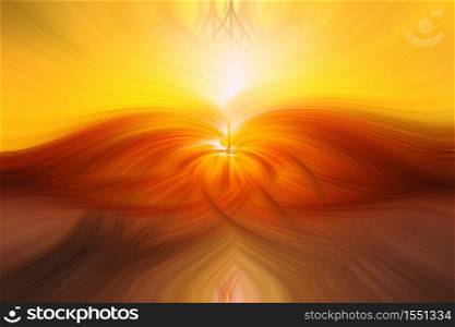 Beautiful abstract intertwined 3d fibers forming a shape of flame and sparkle. Yellow, red, and orange colors. Illustration.