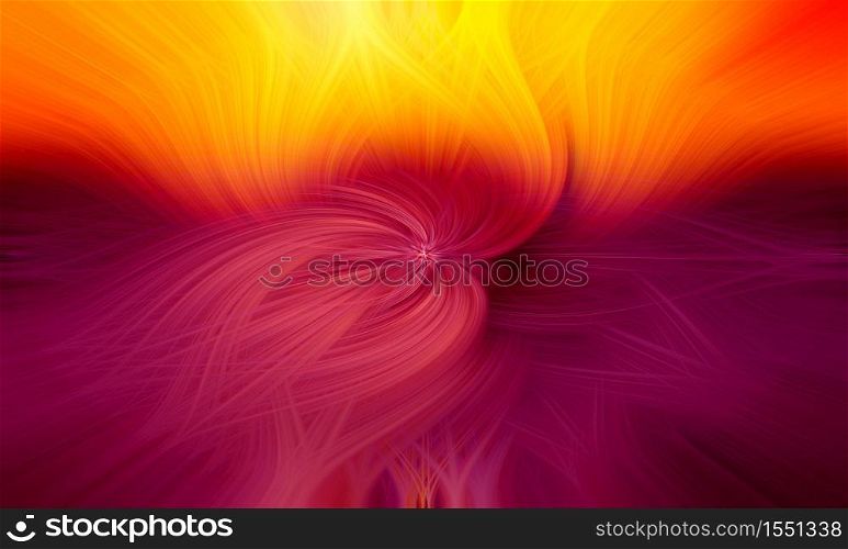 Beautiful abstract intertwined 3d fibers forming a shape of flame and sparkle Yellow, bright and dark red, orange, and purple colors. Illustration.