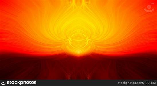 Beautiful abstract intertwined 3d fibers forming a shape of flame and sparkle Yellow, bright and dark red, orange colors. Illustration.