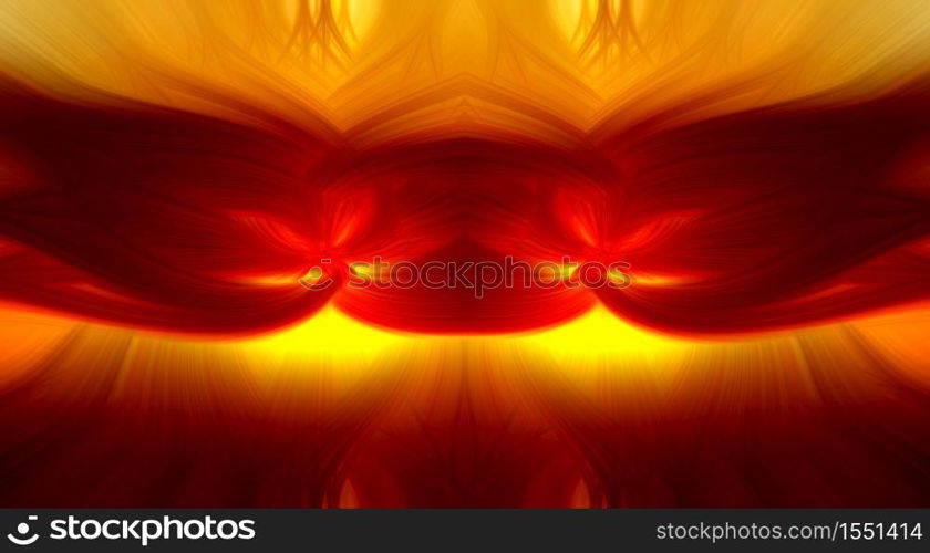 Beautiful abstract intertwined 3d fibers forming a shape of flame and sparkle Yellow, bright and dark red, orange colors. Illustration.