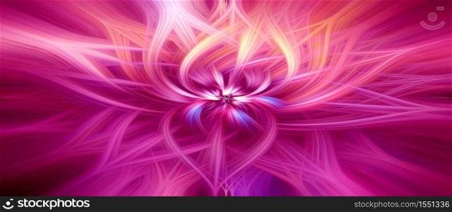 Beautiful abstract intertwined 3d fibers forming a shape of flower. Pink, purple, yellow, and blue colors. Illustration. Panorama size