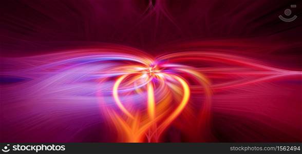 Beautiful abstract intertwined 3d fibers forming a shape of sparkle, flame, flower, interlinked hearts. Pink, blue, maroon, orange, yellow, and purple colors. Illustration.