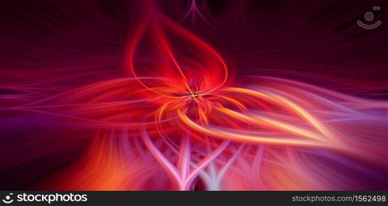 Beautiful abstract intertwined 3d fibers forming a shape of sparkle, flame, flower, interlinked hearts. Pink, red, maroon, orange, and purple colors. Illustration.