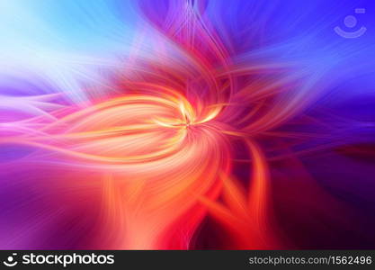 Beautiful abstract intertwined 3d fibers forming a shape of sparkle, flame, flower, interlinked hearts, star. Pink, blue, maroon, orange, and purple colors. Illustration.