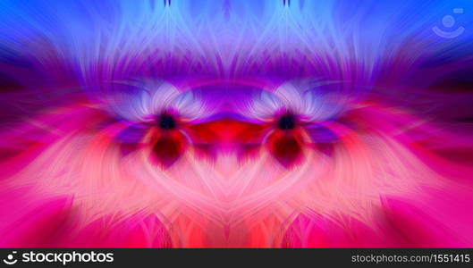 Beautiful abstract intertwined 3d fibers forming an ornament made of various symmetrical shapes. Pink, purple, red, and blue colors. Illustration.