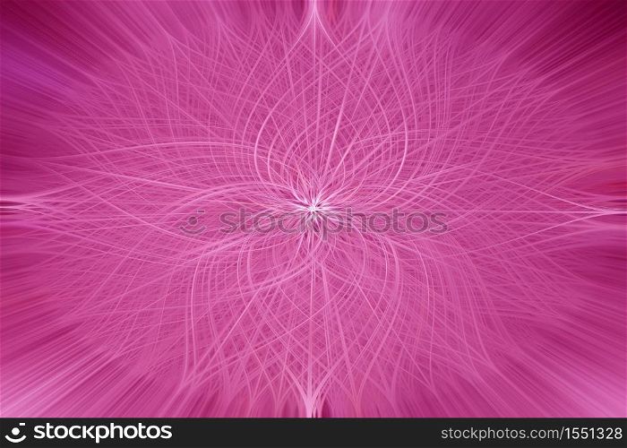 Beautiful abstract intertwined 3d fibers forming an ornament out of various flower like symmetrical shapes. Pink color. Illustration.