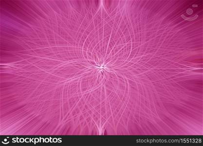 Beautiful abstract intertwined 3d fibers forming an ornament out of various flower like symmetrical shapes. Pink color. Illustration.