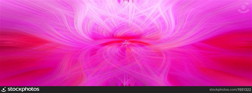 Beautiful abstract intertwined 3d fibers forming an ornament out of various symmetrical shapes. Purple, pink, red colors. Illustration. Panorama size.