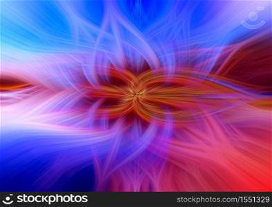 Beautiful abstract intertwined 3d fibers forming an ornament out of various symmetrical shapes. Purple, pink, red, yellow, and blue colors. Illustration.