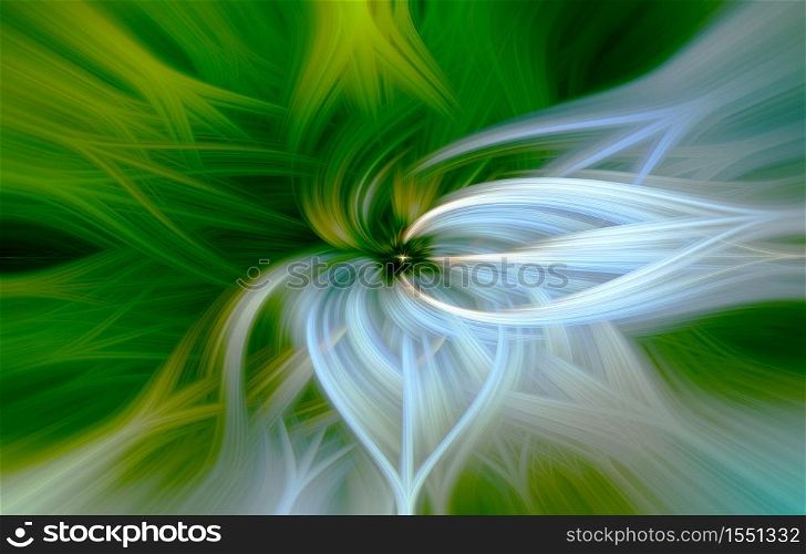 Beautiful abstract intertwined 3d fibers forming an ornament out of various symmetrical shapes. Green, yellow, cyan colors. Illustration.