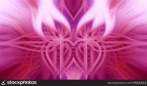 Beautiful abstract intertwined 3d fibers forming an ornament out of various symmetrical shapes. White flame in the middle. Purple and pink colors. Illustration.