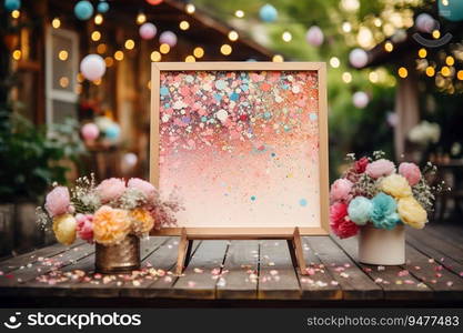 Beautiful Abstract Painting with Wooden Frame in Garden and Flower Decoration on Sunny Day