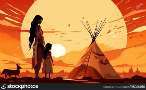 Beautiful Abstract Portrait of Native American Woman with Child