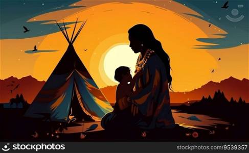 Beautiful Abstract Portrait of Native American Woman with Child