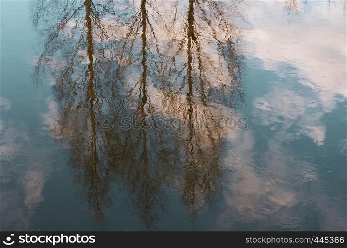Beautiful abstract reflection of trees in the blue mirror surface of the river.