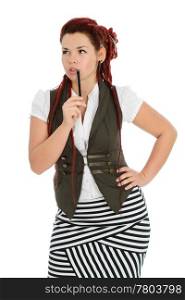 Beautiful accountant with pen wearing vest and striped skirt isolated on white background