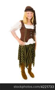 Beautiful adolescent girl dressed as a pirate for Halloween. Full body isolated on white.