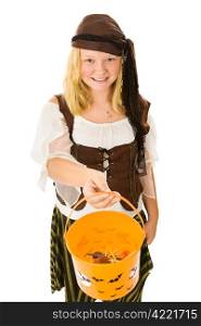 Beautiful adolescent girl dressed as a pirate for halloween, holding out her bucket for candy. Isolated on white.