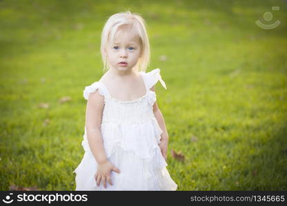 Beautiful Adorable Little Girl Wearing White Dress In A Grass Field.