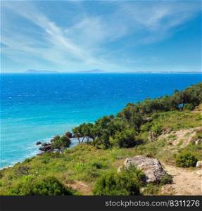 Beautiful Adriatic Sea scenery and summer blossoming Vlore coast, Albania.
