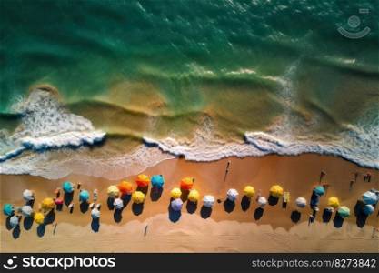 Beautiful aerial view of a beach during summertime showcases the vibrant colors and natural beauty of the ocean and the coast, holiday-related project. AI Generative