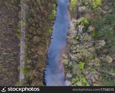 Beautiful aerial view of road between forest and Navia river in Coana, Asturias Spain.