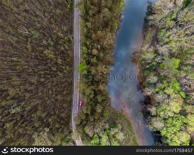 Beautiful aerial view of road between forest and Navia river in Coana, Asturias Spain.
