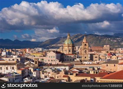 Beautiful aerial view of sunny Palermo with Church of Saint Mary of Gesu in the morning, Sicily, Italy. Panorama of Palermo, Sicily, Italy
