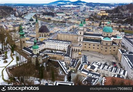 Beautiful aerial view on old cit Salzburg at cloudy day