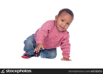 Beautiful African American baby crawling isolated on a white background