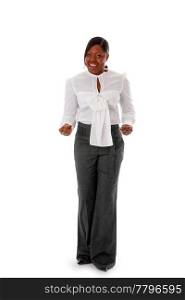 Beautiful African American business woman dressed in a white shirt and gray pants standing, snapping fingers, isolated