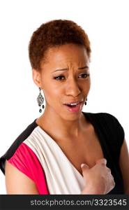 Beautiful African American business woman with strong expression of concern and pity, isolated.