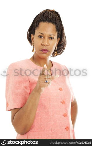 Beautiful African American businesswoman angrily shaking her finger at you. Isolated on white.