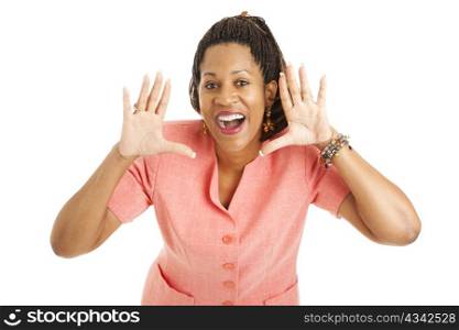 Beautiful African-American businesswoman smiles and gives a shout. Isolated on white.