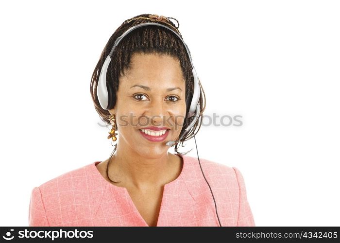 Beautiful african-american customer service representative smiling. Isolated on white.