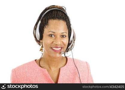 Beautiful african-american customer service representative smiling. Isolated on white.