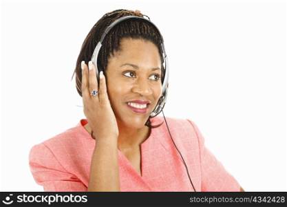 Beautiful african-american customer service worker isolated on white background.