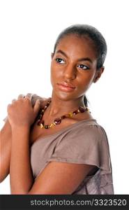 Beautiful African American fashion female face and shoulders with oily skin wearing an amber necklace, isolated.