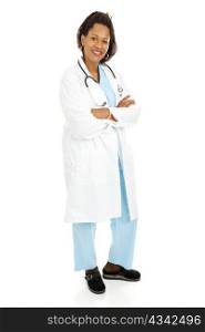 Beautiful African American female doctor in a labcoat. Full body isolated.