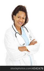 Beautiful African-american female doctor isolated on a white background.