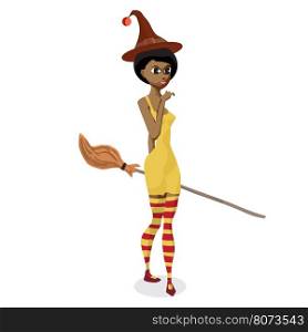 Beautiful African American girl witch in black dress with a broom. Vector flat cartoon illustration isolated on a white background