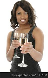 Beautiful African American woman in formal dress offering glass of champagne. Holding one for herself.
