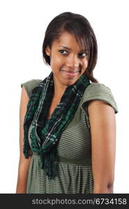 Beautiful African American woman looking away over white background.