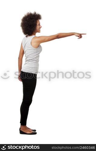 Beautiful african american woman pointing to something, isolated on white background