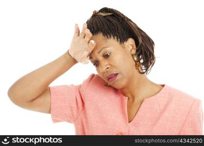 Beautiful african-american woman stressed out. Isolated on white.